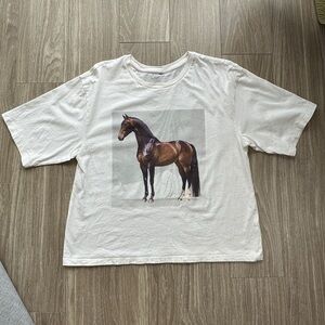 White Graphic Tee with Brown Horse Print